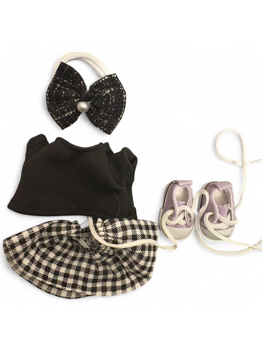 Labubu black and white tweet skirt with hair bow and converse sneakers in lilac